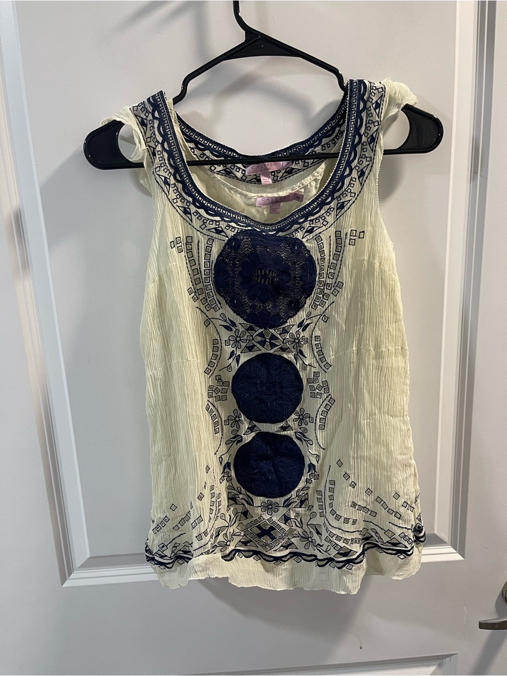 Calypso St. Barth Cream Tank Top with Navy Embroidery Silk